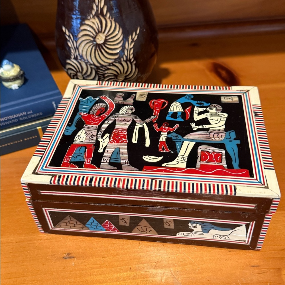 Vintage Egyptian Revival Inlaid Wood Trinket Box - Pharaoh and Pyramids Motif